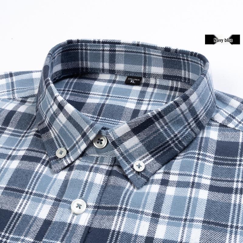 Brand Men's Pure Cotton Brushed Plaid Long Sleeve Shirt - High-End, Versatile, Casual, Thick Style for Youth