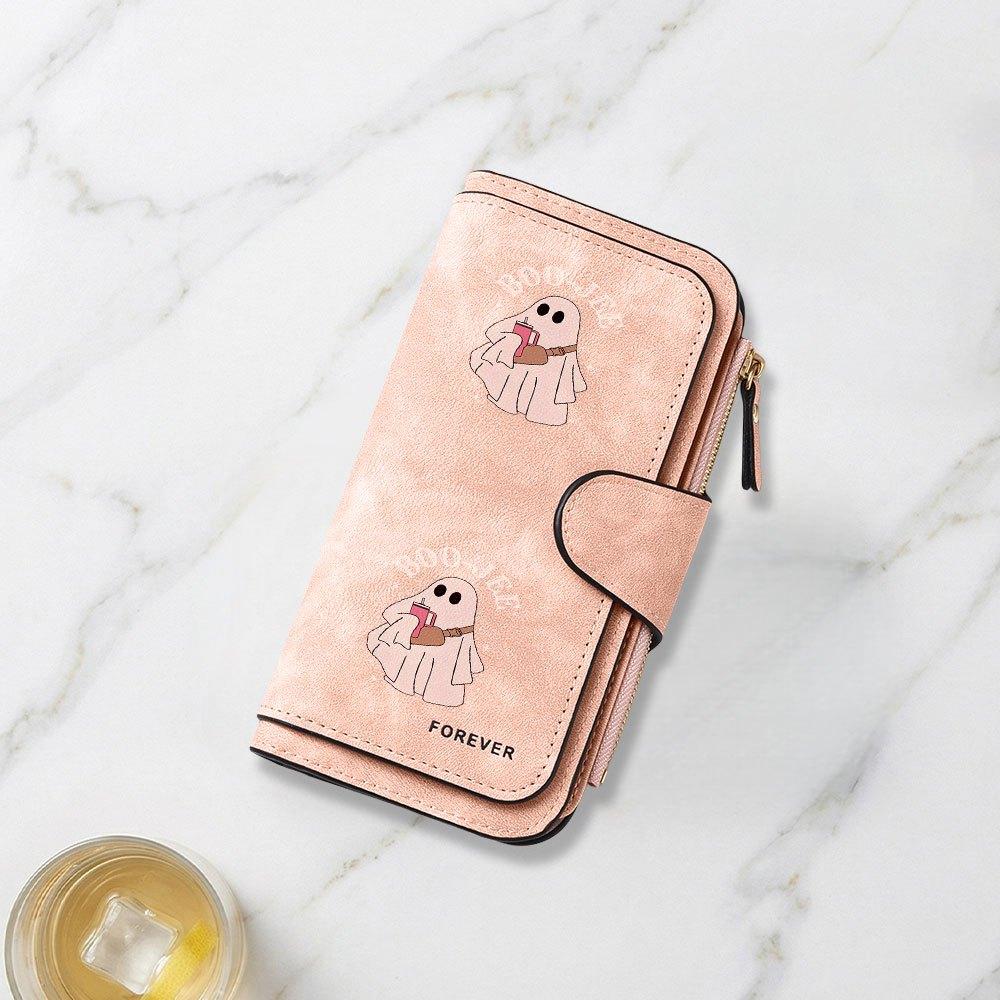 Cute Ghost Holding Drink Illustration Print Long Wallet Unisex Multifunctional Portable Snap Coin Purse Perfect Birthday Gift For Daily Use