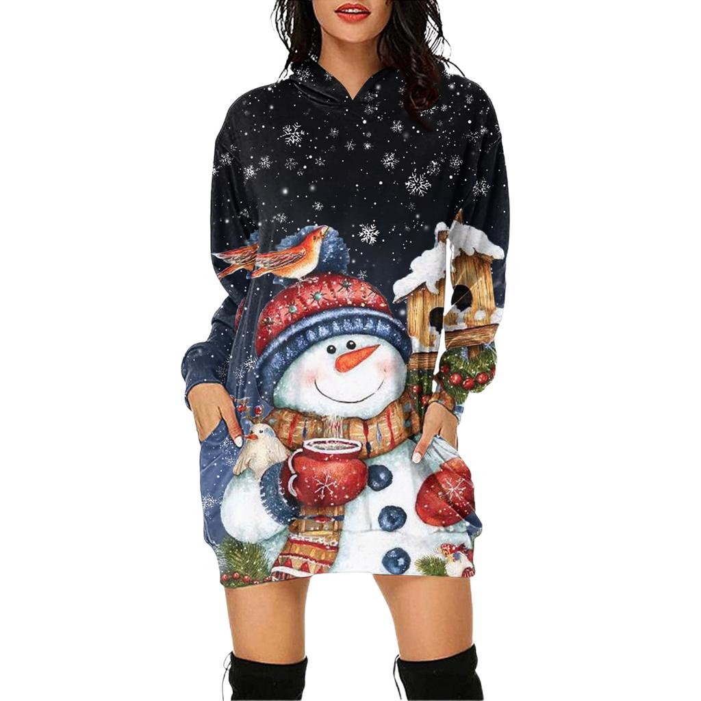 Rochie Pulover cu Glugă și Mâneci Lungi cu Buzunar și Imprimeu de Crăciun pentru Femei