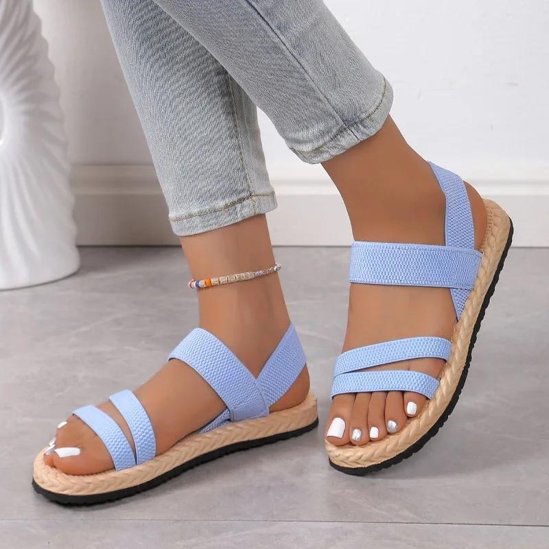 Ladies Shoes 2025 Open Toe Women's Sandals Summer Elastic Band Casual New Plus Size Concise Best Seller Flat Sandals