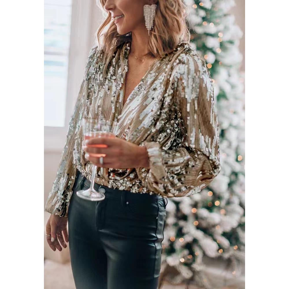 

GMXIA женские модные повседневные весенне-осенние однотонные блузки и рубашки с v-образным вырезом и длинными рукавами с принтом L золотой