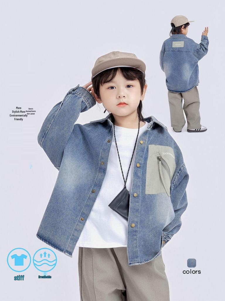Trendig denimkofta för pojkar: Långärmad, Nedvikt krage, Höst 2025 Mode för barn