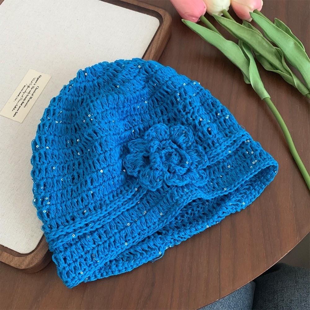 Y2k Flower Knitted Caps Hand-woven Beanies Cap Casual Sequin Crochet Hat  Spring Summer