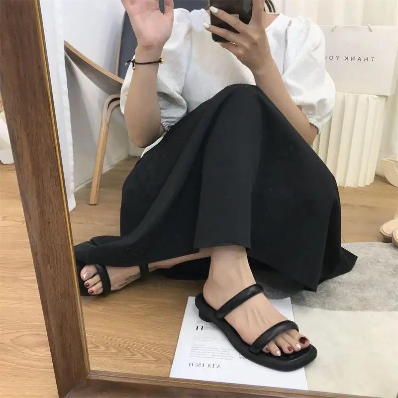 Slides Open Toe Shoes Indoor Soft on Word Off White Low Heel Outside Women's Slippers and Ladies Sandals Footwear Natural Skin F
