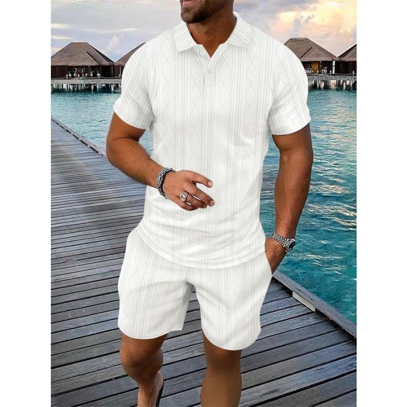 Men Casual Summer Turn Down Collar Short Sleeve Jacquard Polo Shirt And Shorts Set