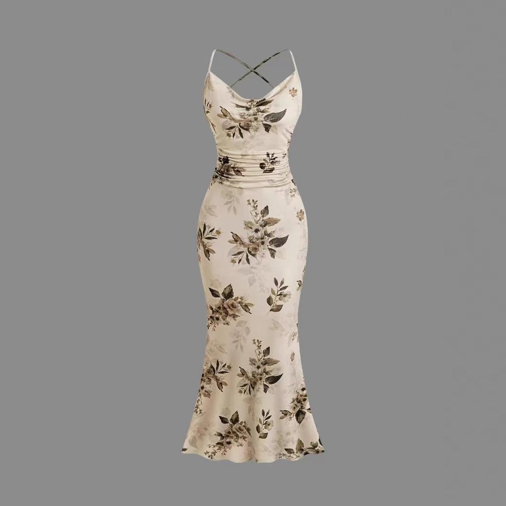 Summer and autumn suspender printing sexy chest dress women's European and American style temperament advanced sense slim and long