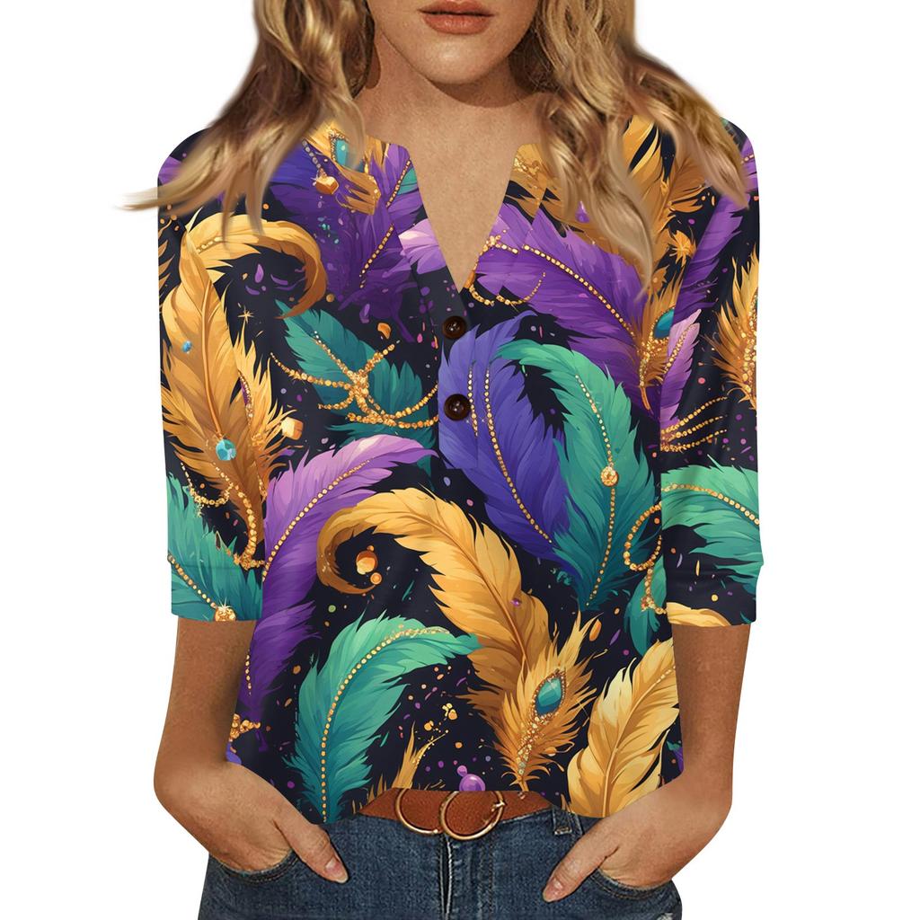 Women's Carnival Printed Fashionable Casual V-neck Button Seven Inch Sleeve T-shirt Top