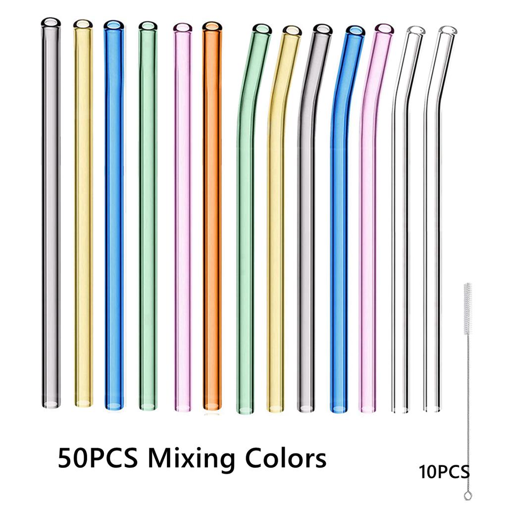 50 Stück bunte, 20 cm lange, wiederverwendbare Glasstrohhalme, umweltfreundliche Strohhalme für Smoothies, Trinkhalme für Cocktails, Trinkgeschirr, Barzubehör