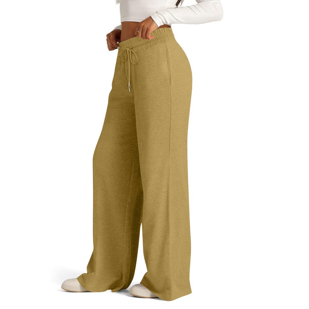 Women's Casual Fashion Solid Color Elastic Waist Drawstring Pockets Wide Leg Straight Pants
