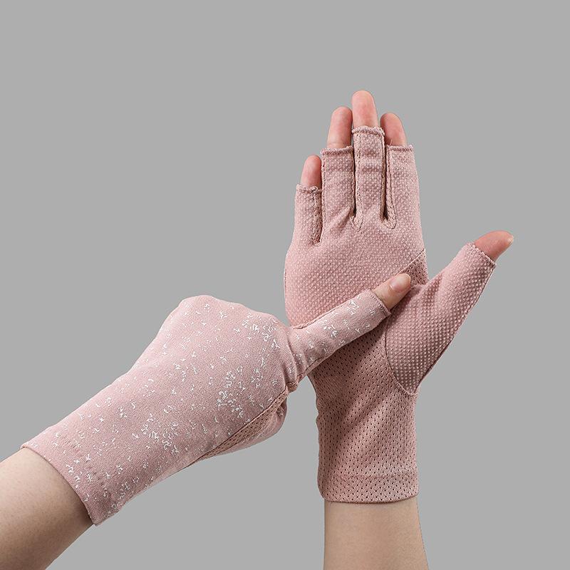 New Fashion Women's Cotton Dot Summer Fingerless Half Finger Anti-Skid Sun Protection Printing anti-UV Thin Short Driving Gloves