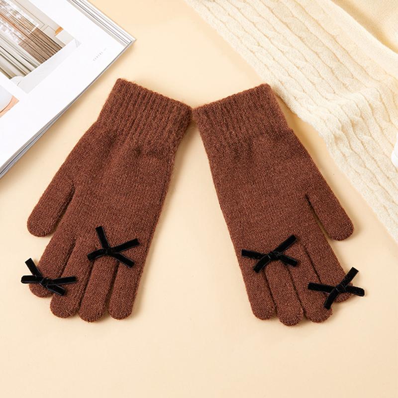 Five-finger Solid Color Warm Knitted Gloves for Women Bow-knot Cold-proof Gloves