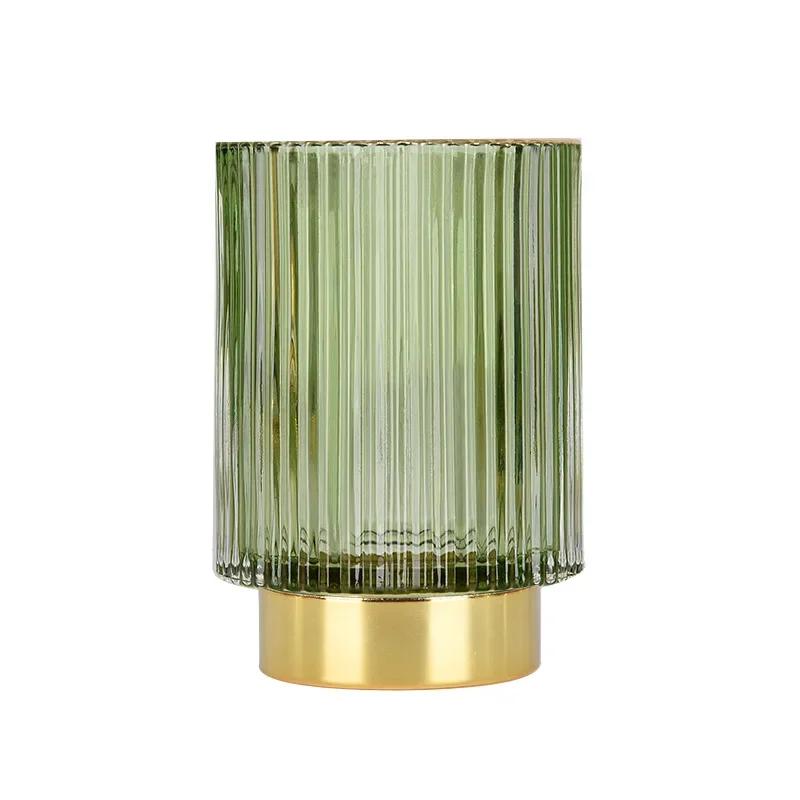 Versatile Green Glass Storage Bucket with Gold Trim and Stripe Design Perfect for Makeup Pens and Flower Arrangements