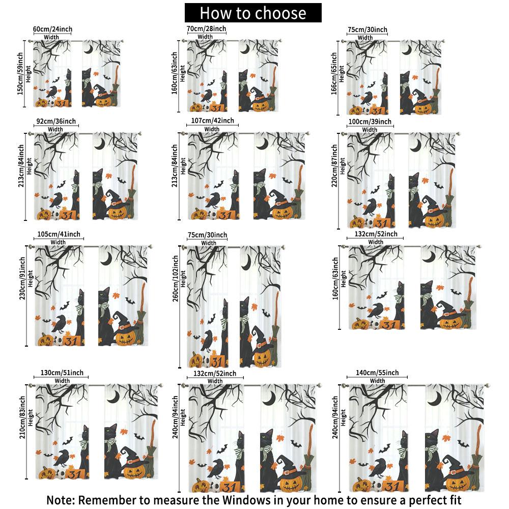 2Pcs Halloween Black Cat Bare Branch Pumpkin Bat Rod Pocket Curtains Double Panel Window Curtain Bedroom Living Room Hallowee