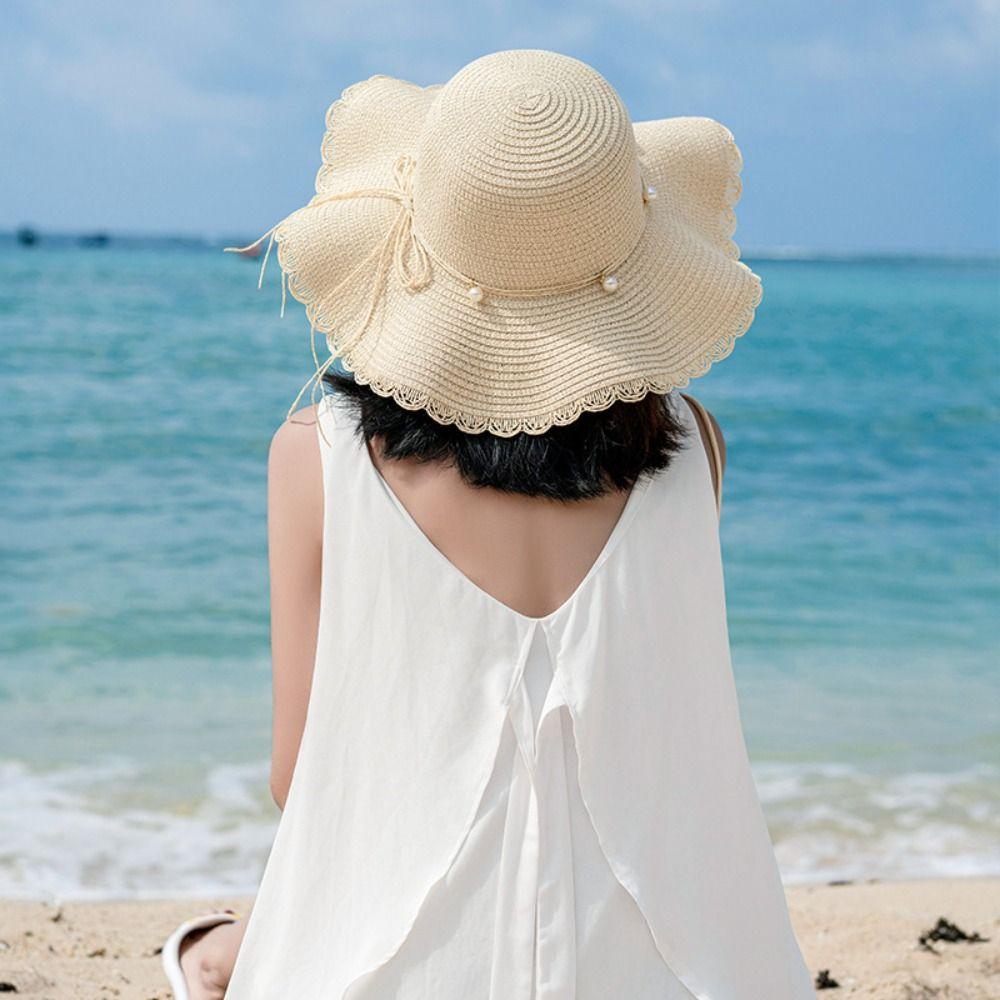 Wide Brim Pearls Strap Straw Hat French Style Women's Sun Hat Trendy Folding Straw Hats  Outdoor