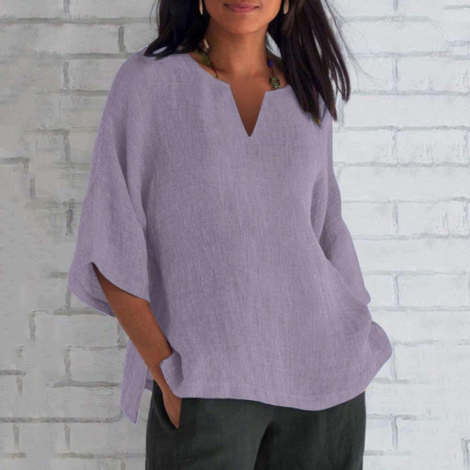 

Женская летняя хлопковая льняная футболка, топы, свободная блузка с рукавами 3/4, винтажная одежда с круглым вырезом, одежда больших размеров XL фиолетовый
