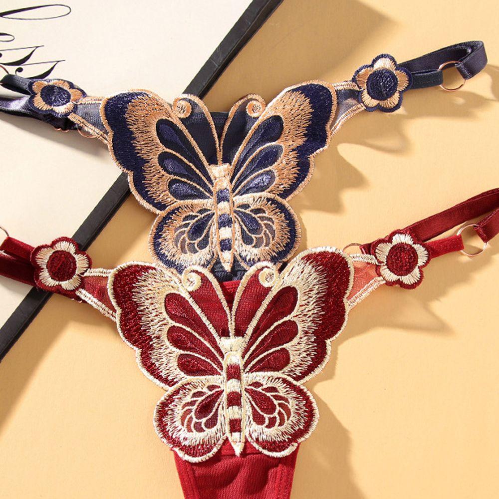 Butterfly Pattern Thong Solid Color Embroidery Sexy Underwear Underpant Lingerie Women Panties