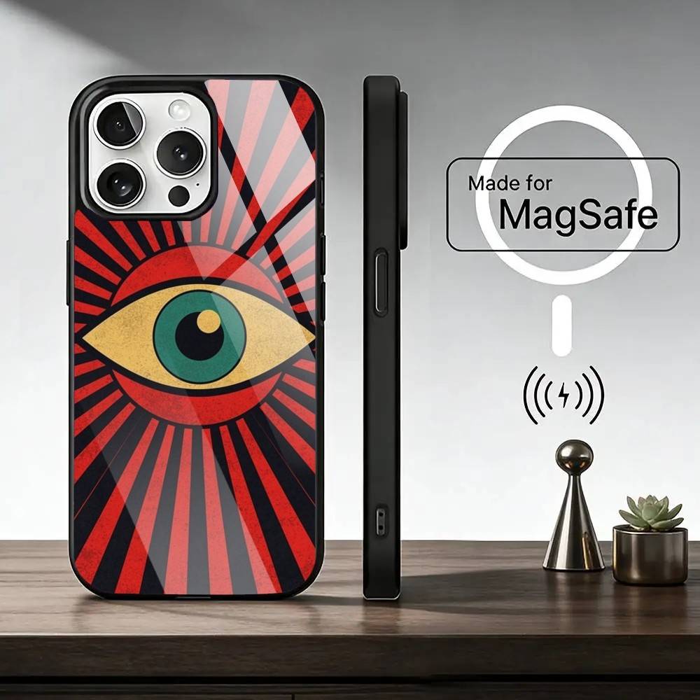 Big Eyes Trendy Print Lines Phone Case For iPhone17,16,15,14,13,12,11 Plus,Pro Magnetic For Magsafe Wireless Charging