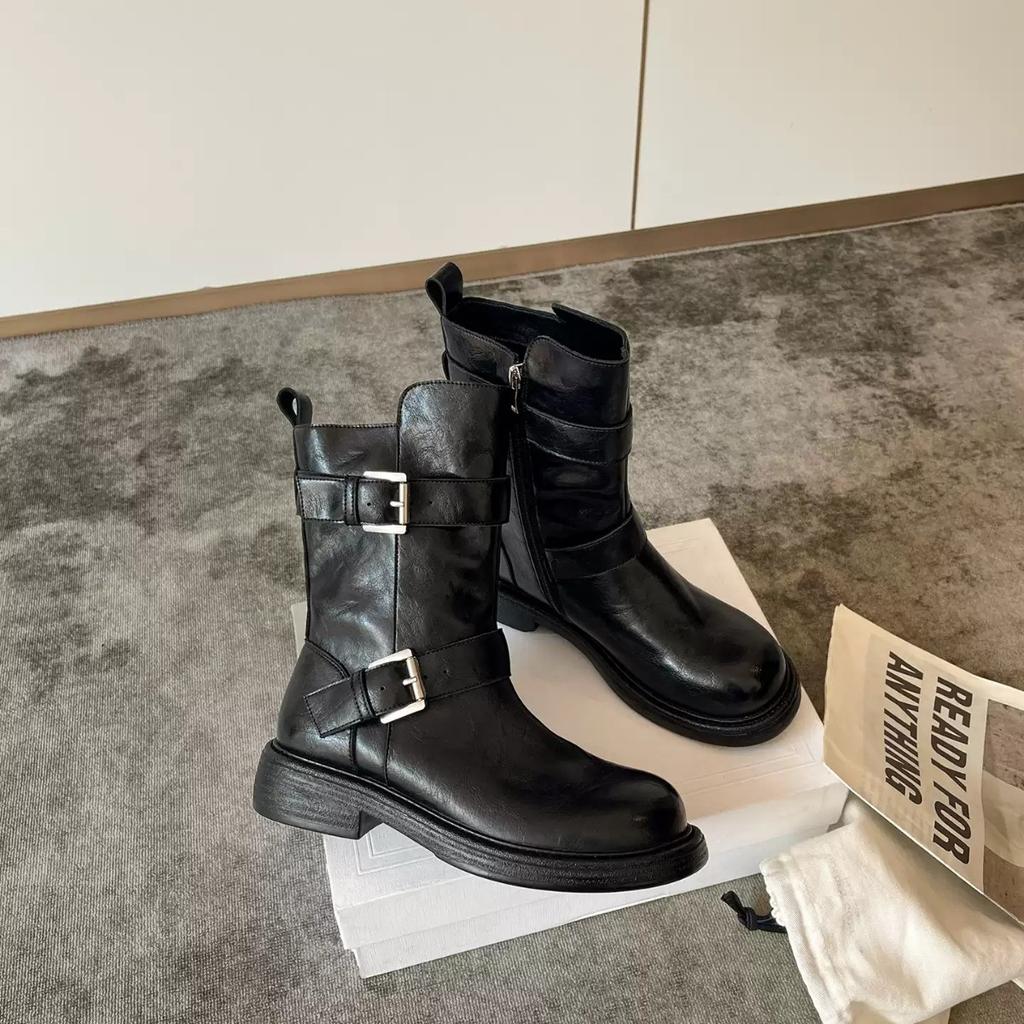Soft cowhideleather thick-soled knight boots women's autumn and winter double buckle belt medium and high boots long boots short boots