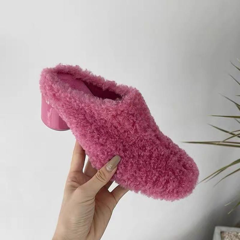 Fur Women Slippers Sexy High Heels Mules Shoes Chunky Snow Boots Plush Fad Home Flip Flops Winter Luxury Mujer Botas