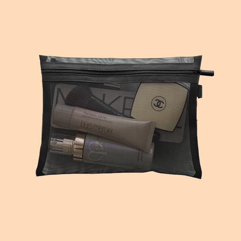 Black Mesh Makeup Bag Set: Side-Opening, Portable Lipstick & Touch-Up Storage In Large, Medium, Small Sizes