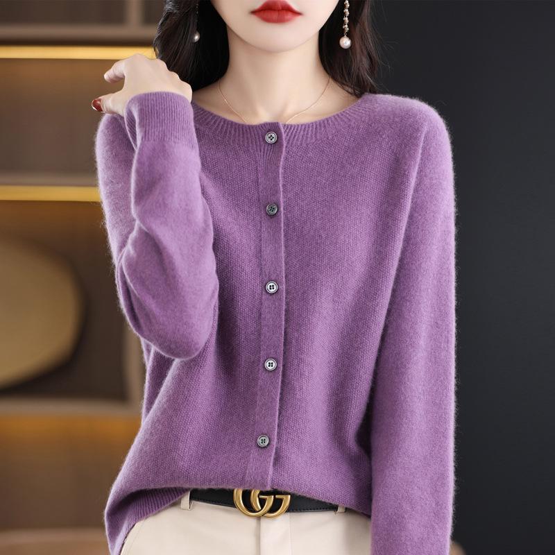 Premium Women's 100% Wool Knitted Cardigan - Slim Fit, Round Neck, Seamless Design for Autumn & Winter