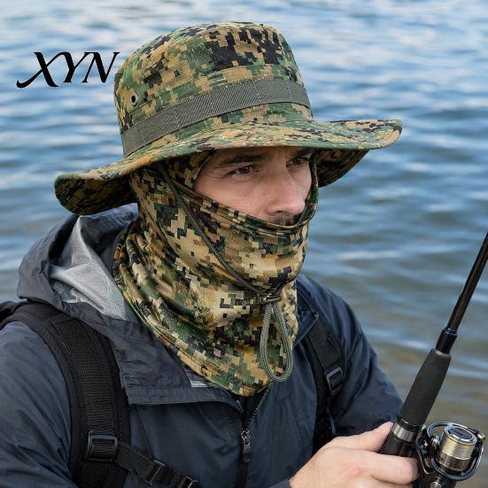 Quick-drying Hat Camouflage Sun with Balaclava Face Mask, UV Protection Men Wide Brim Hat, Breathable Bucket for Outdoor Fishing Hiking Cycling