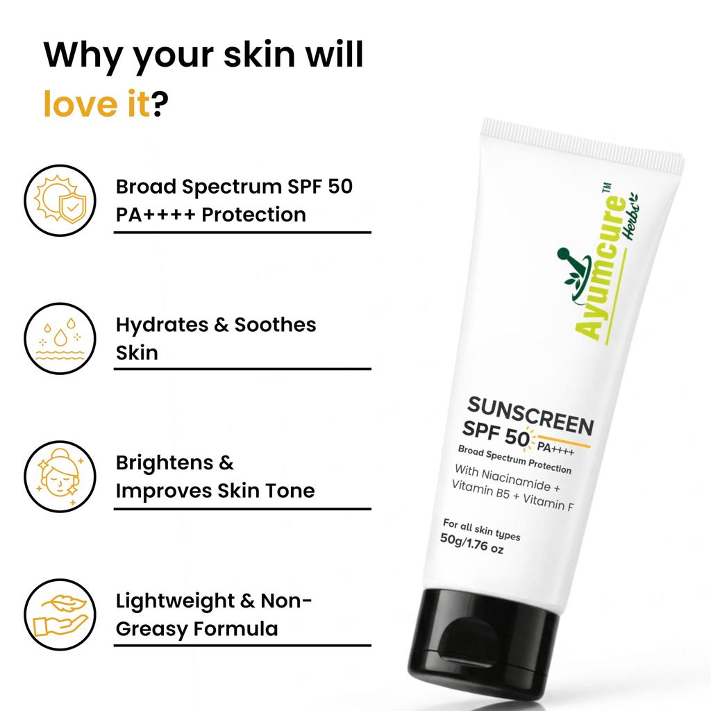 Ayumcure Niacinamide Sunscreen SPF 50 PA++++ | 50g | Broad Spectrum UVA/UVB Protection | With Niacinamide, Vitamin B5 & Vitamin F | Lightweight,