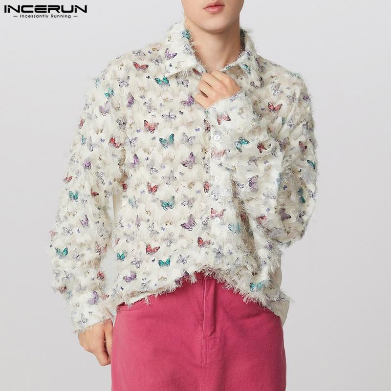 INCERUN Men Long Sleeve Print Patchwork Tassel Casual See Through Shirts