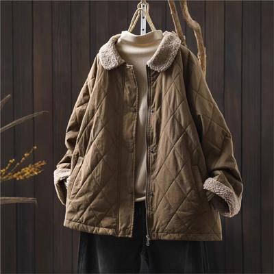 Casacos Vintage Patchwork Outono Botão Zíper Cor Sólida Manga Longa Quente Casuais Macios