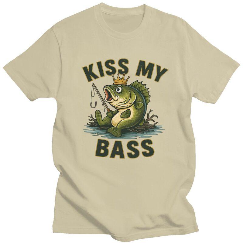 Kiss My Bass Tshirts for Men Short Sleeves T Shirt Cool Angler Fishing Lover Tshirts Pure Cotton Tees Valentines Day Gift