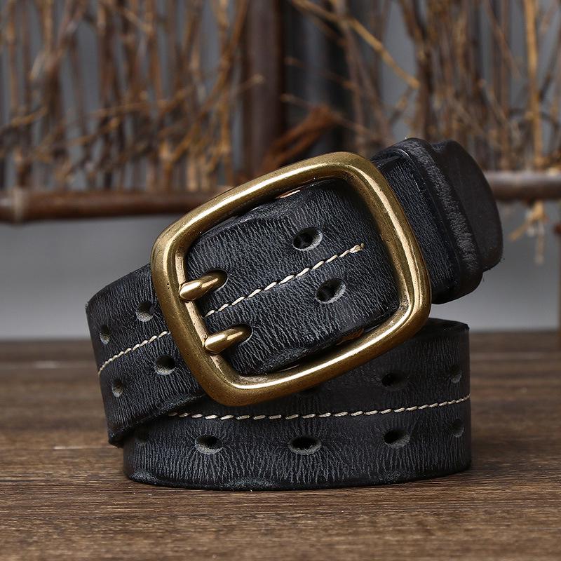 Genuine Leather Distressed Double Pin Buckle Belt - Retro Korean Style for Men’s Casual Jeans