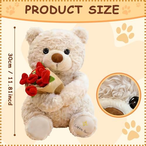 30cm Teddy Bear Plush Toy with Rose Bouquet and Hat, Romantic Valentine's Day Birthday Gift for Women Girls, Decoration Doll (Beige)