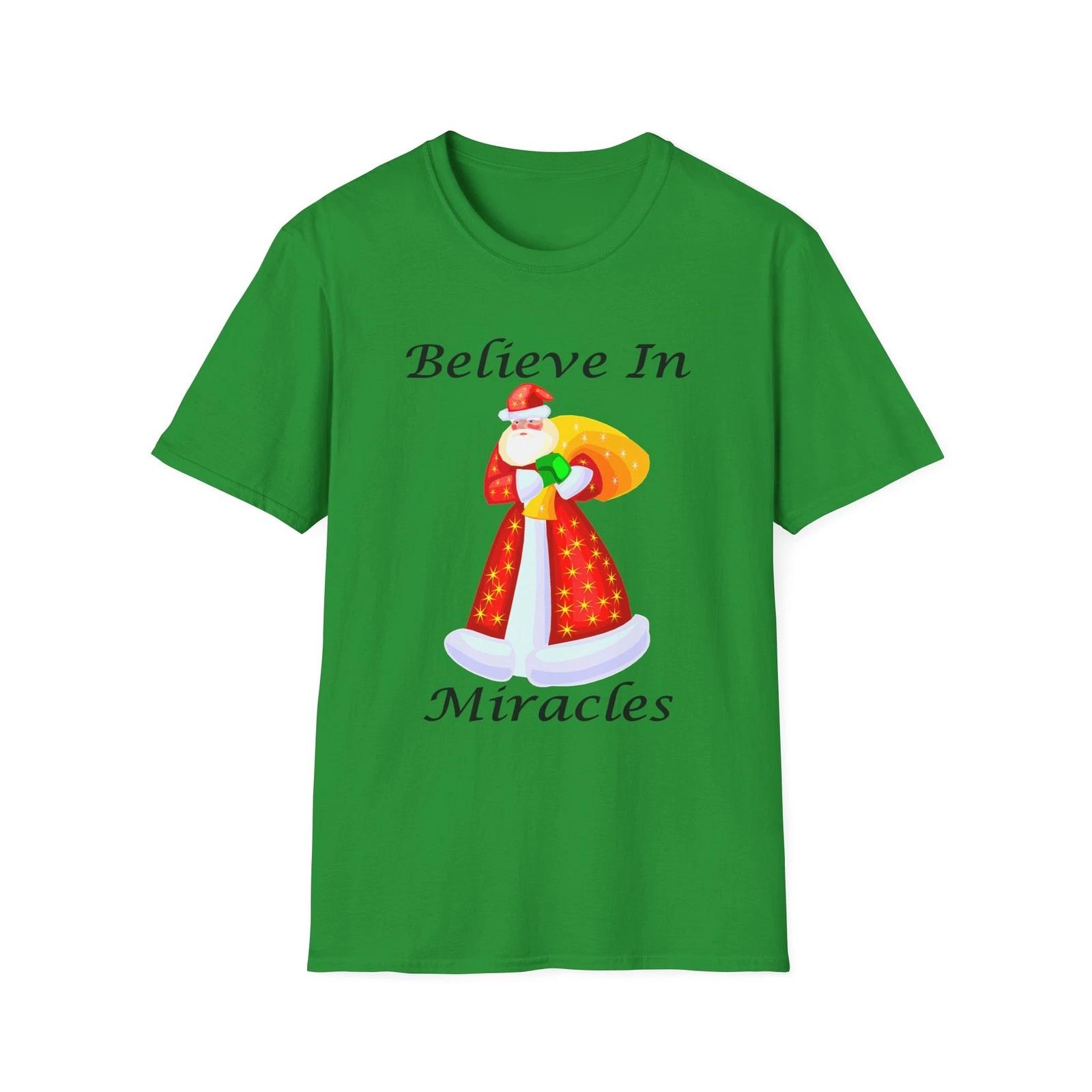 Believe In Miracles Santa Claus Stars Christmas Green T-Shirt 3XL
