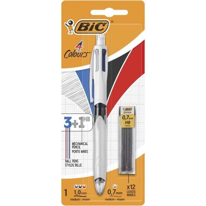 BIC 4 Couleurs 3+1 HB Stylo-Bille et Porte-Mines - Blister de 1 + 12 Mines 0,7 mm HB