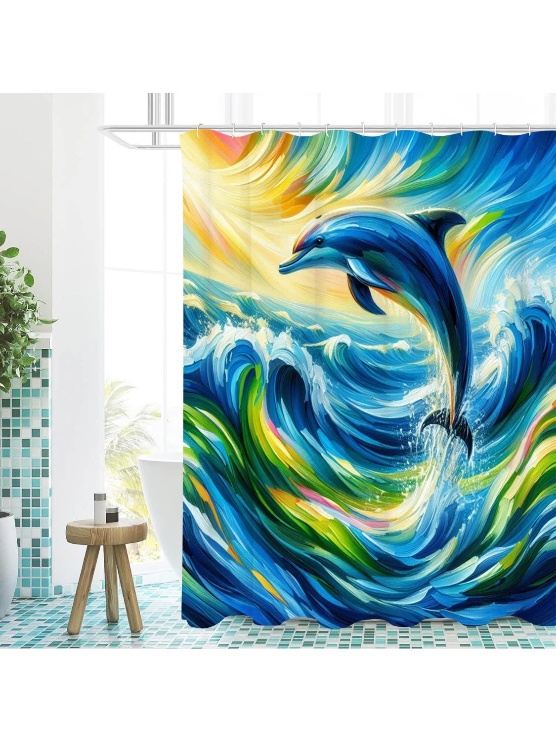Штора для ванной с дельфинами  Водонепроницаемая штора для душа в ванную комнату с 12 крючками  Домашний декор W90xH180cm
