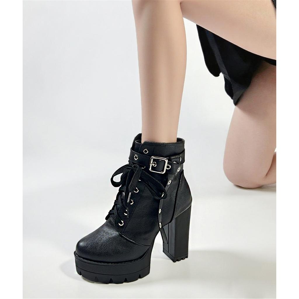 FOREADA Damen Stiefeletten Runde Zehenpartie Dicke Hohe Absätze Plateau Reißverschluss Schnürung Kurze Stiefel Damen Modeschuhe Herbst Winter Schwarz