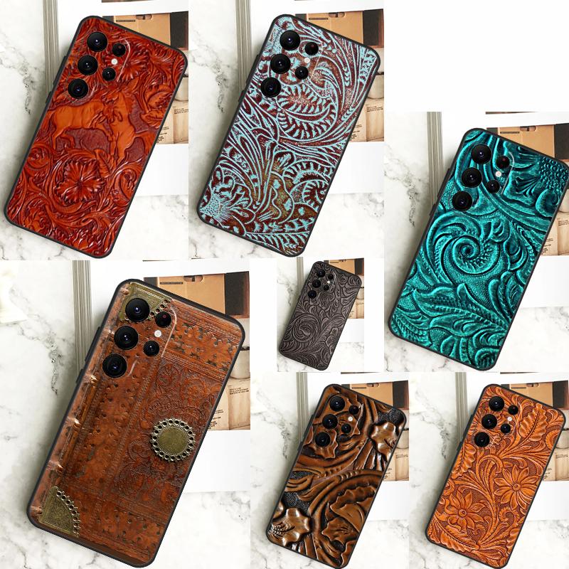 Brown Tooled Leather Pattern Case For Samsung Galaxy S24 S23 S22 Ultra S20 S21 FE Note 20 S8 S9 S10 Note 10 Plus Cover