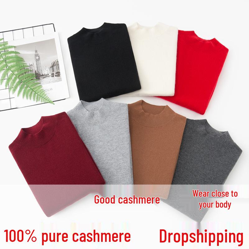 Women's Urban Style Pure Cashmere Slim-Fit Winter Knit Sweater with Half-High Neck