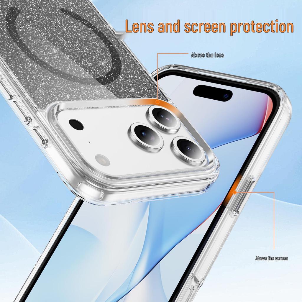 Custodia protettiva magnetica glitterata per iPhone 17 Pro Max con pulsanti in lega di alluminio