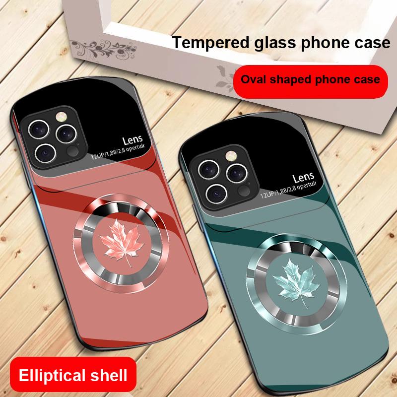 Kreis Ahornblatt Für IPhone 16 Pro Max 15 Pro 14 13 12 Mini 11 XS Max XR 7 8 Plus SE 2022 Elliptische Glas Handyhülle