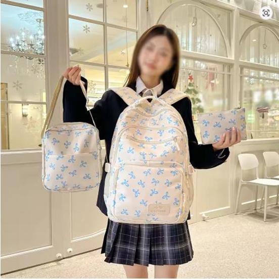 

Korean Fashion Bow Print Women Fashion Backpack Lightweight Simple Student Schoolbag Female Bag Set Three Piece 44*31*19cm