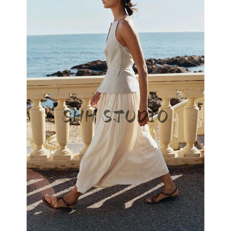 Summer New Product Women's Clothes Inner Elastic Waist Small Pleated Skirt Hem Midi Skirt Vest Dress 5029115