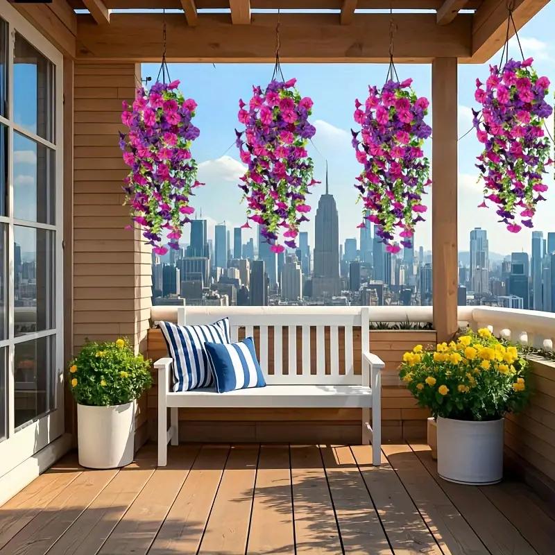 2 ks Umělých závěsných popínavých rostlin Ranní sláva odolných proti UV záření – Živé fialové, růžové a zelené umělé květiny pro venkovní zahradní dekoraci, svatby, kancelář