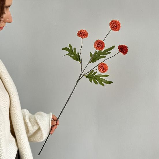 Artificial Pompon Mum, 5 Heads Faux Mini Chrysanthemums Ball, Small Fake Flower Stem for Vase Filler, DIY Bouquet, Autumn Table Centerpiece, Flower