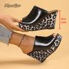 Fashion Leopard Print Wedge Sandals for Women Retro Slip On Platform High Heel Sandals Woman Summer Thick Sole Peep Toe Mules Slippers