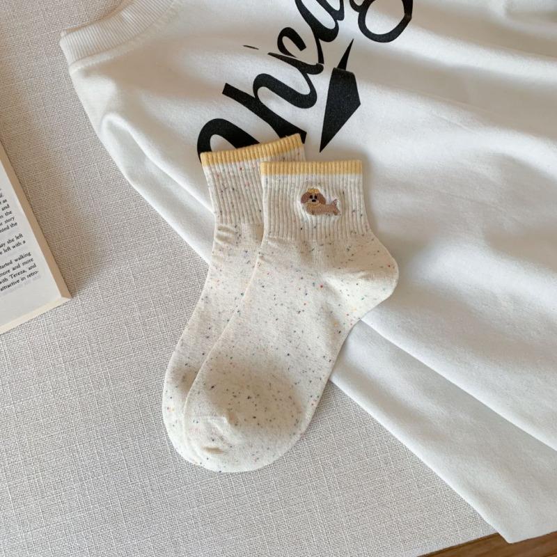 Female Spring and Summer New Style Casual Yarn Color Collision Lovely Dachshund Embroidery Boneless Tube Socks