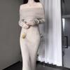 Gentle off-the-shoulder one-word neck dress long dress retro design sense slim temperament rear split knitted long dress