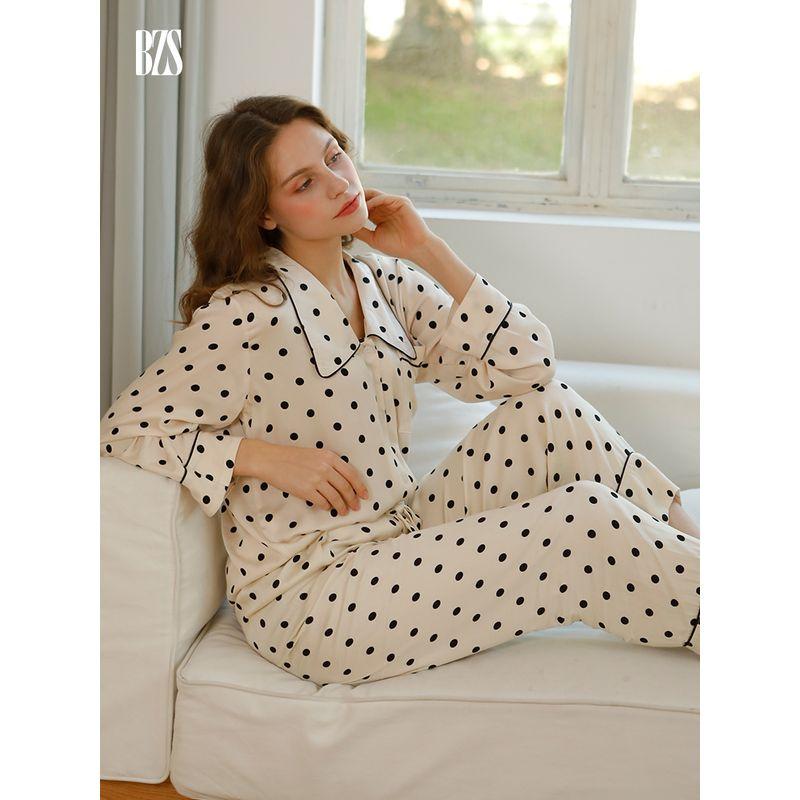 2024 Summer Hard Work Satin Square Collar Pajamas Pajama Pants Polka Dot Living Clothes Rayon Long Sleeve Trousers Home Clothes Set Women