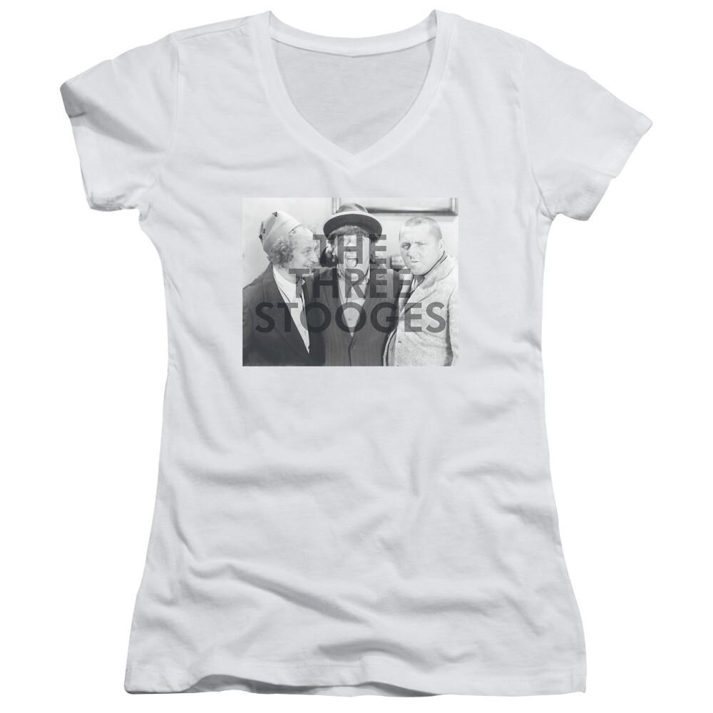 Three Stooges Juniors V-Neck Shirt Watermark White Unisex T-Shirt M