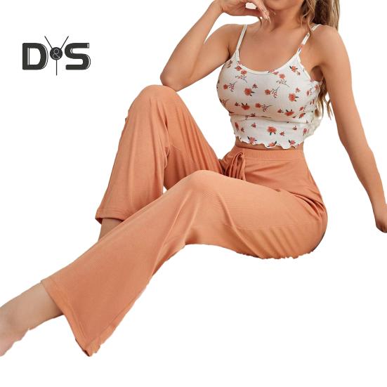 Zweiteiliges Pyjama-Set für Damen, ärmellos, Camisole, bauchfreies Top, weites Bein, Hose, Sommer, lässiges Lounge-Nachtwäsche-Set